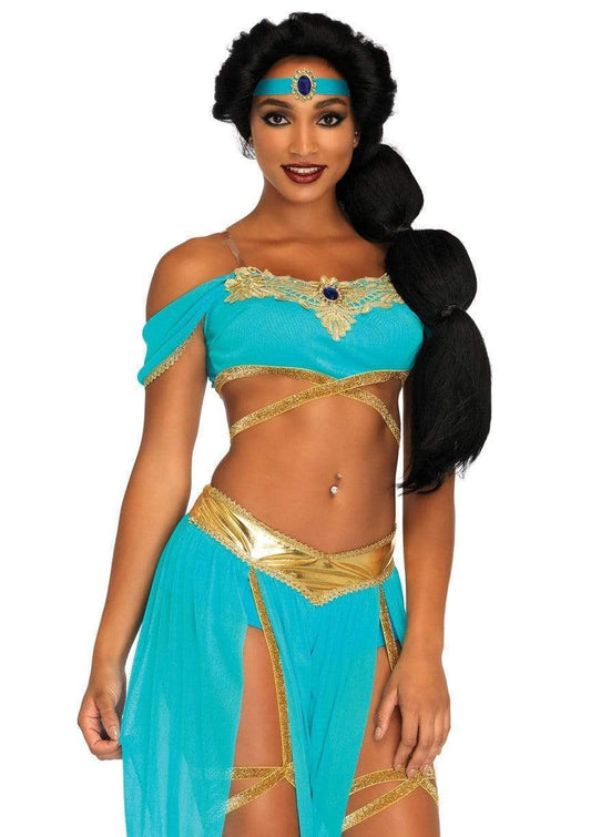 Enchanting Oasis Princess Costume: 4-Piece Teal Gold Arabian Genie Outfit for Women