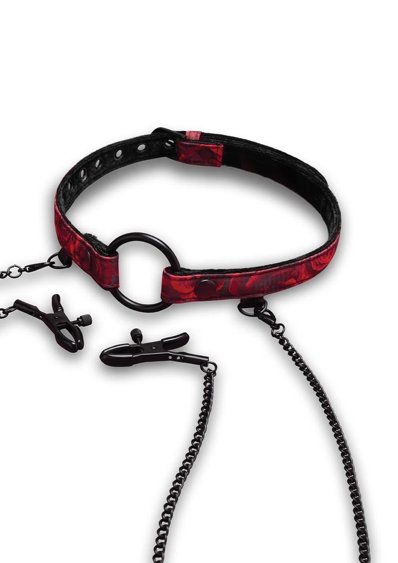 Rosegasm Open Mouth Gag W/ Nipple Clips - Black/Red/Rose