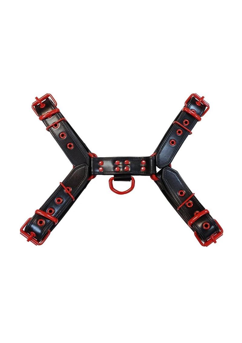 Rouge Leather Over The Head Harness Black with Red Accessories - Black/Red - XXLarge