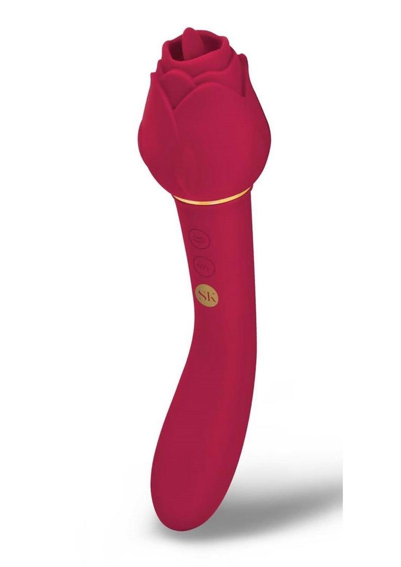 Secret Kisses Rosegasm Lingo Rechargeable Silicone Dual End Vibrator with Clitoral Stimulator - Red