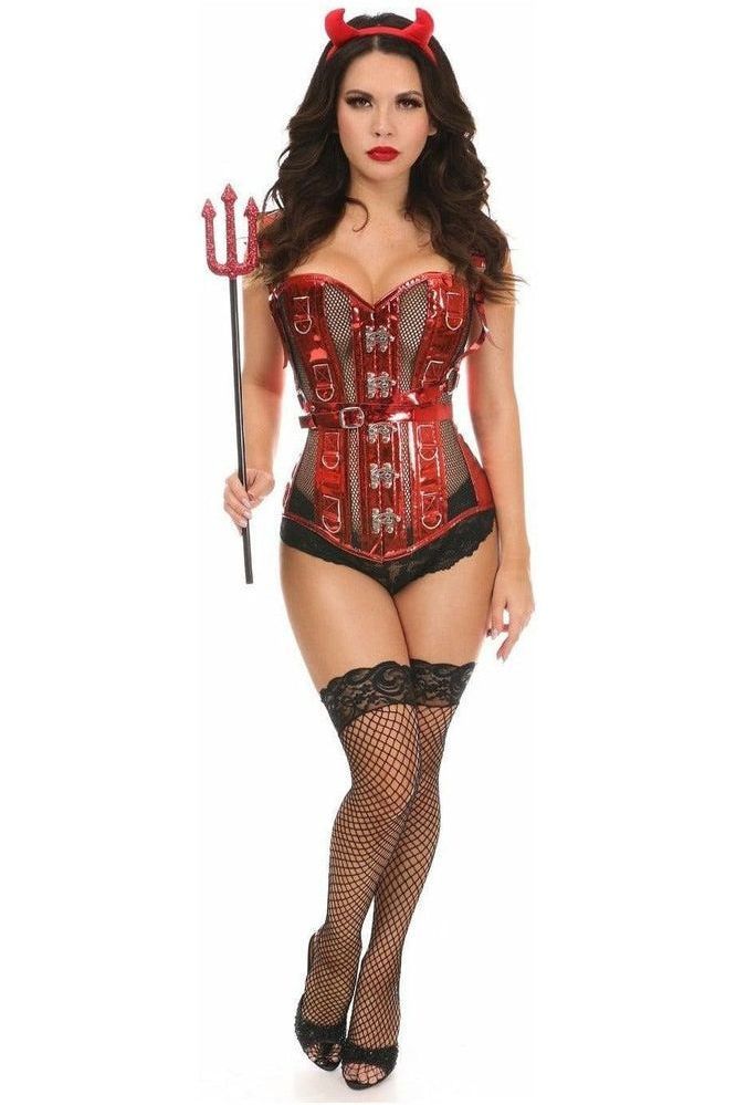 Sassy Steel Boned Devil Corset Costume Kit - 4PC Wings Horns Pitchfork