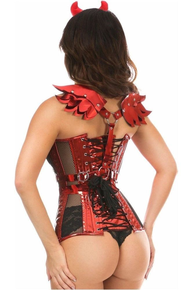 Sassy Steel Boned Devil Corset Costume Kit - 4PC Wings Horns Pitchfork