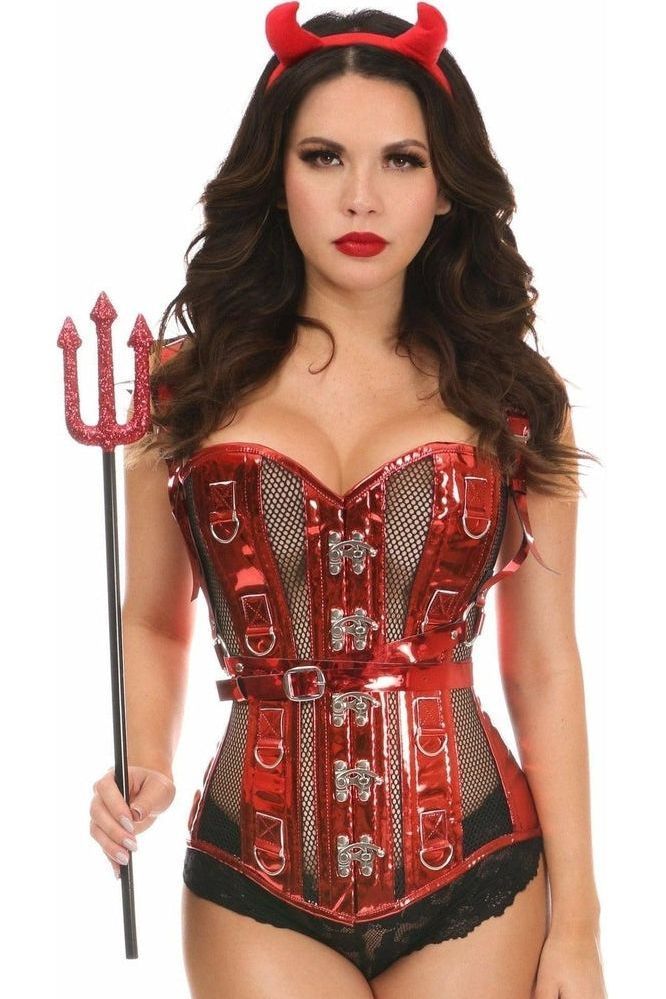 Sassy Steel Boned Devil Corset Costume Kit - 4PC Wings Horns Pitchfork