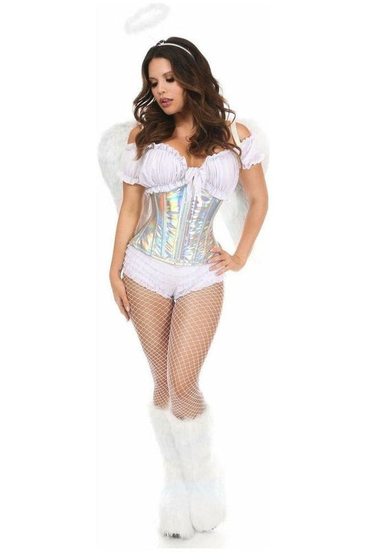 Sparkling Silver Holo Angel Corset Costume Set - 5-Piece Steel Boned Fantasy Outfit