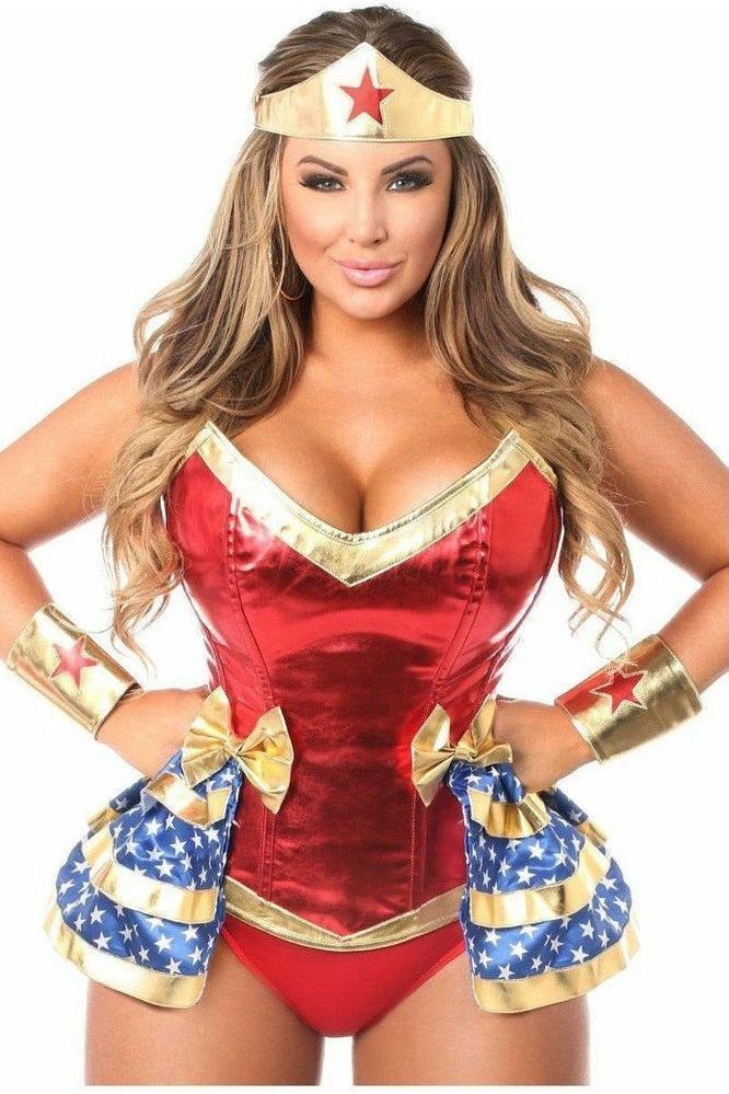 Premium Red Metallic Superhero Corset Costume Set - 4-Piece Deluxe Heroine Outfit