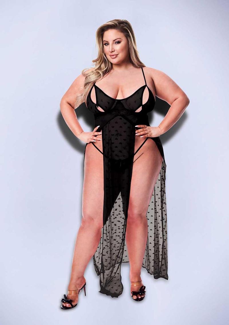 2pc Mesh Gown and G-String - Black - Queen - Set