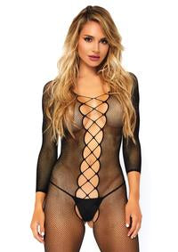 Seamless net faux lace up long sleeved bodystocking.