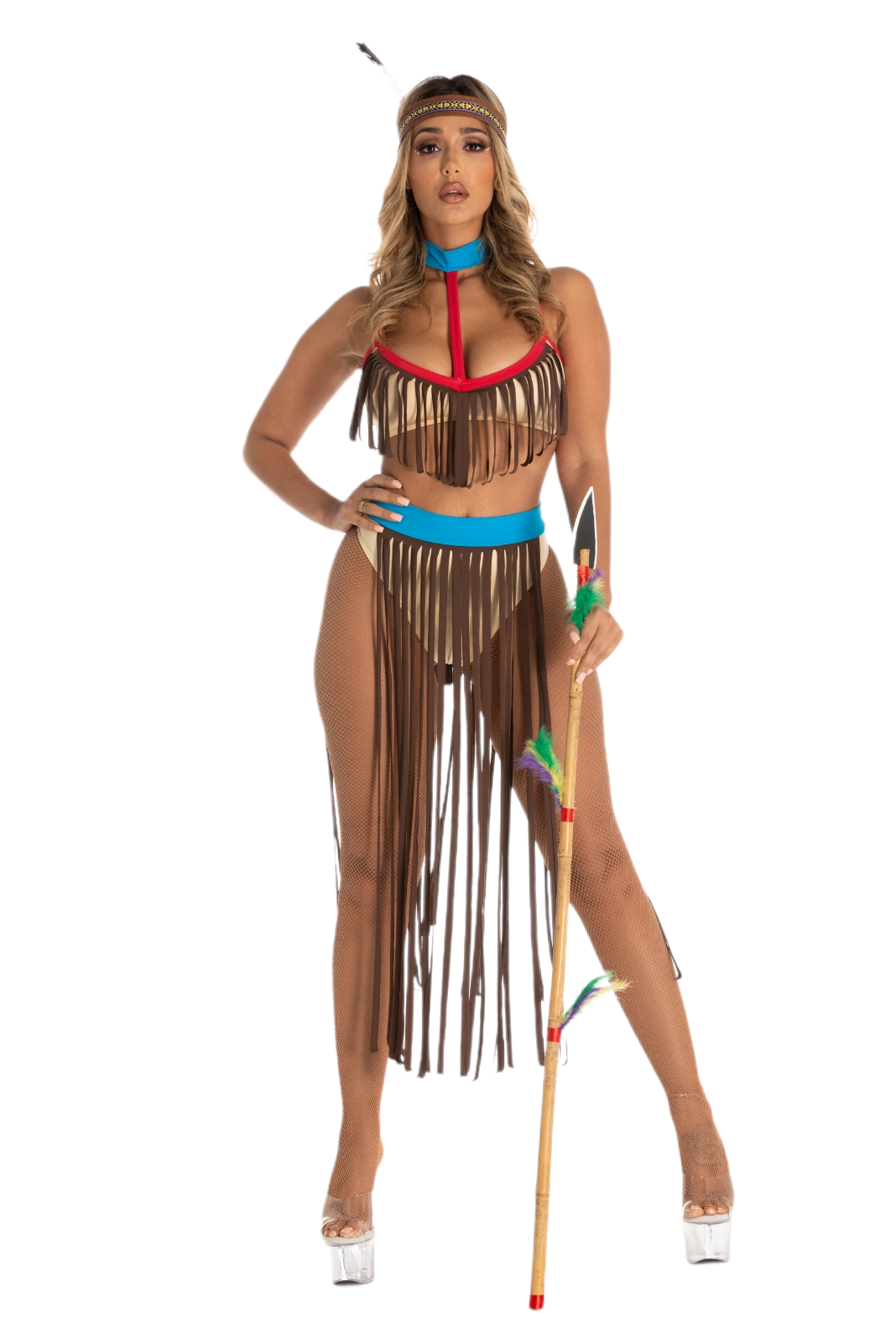 A model wearing a brown costume with attached choker and fringed shorts, resembling a Native American/Indian Chief outfit. The costume is accessorized with a white headdress and a staff with a feather.