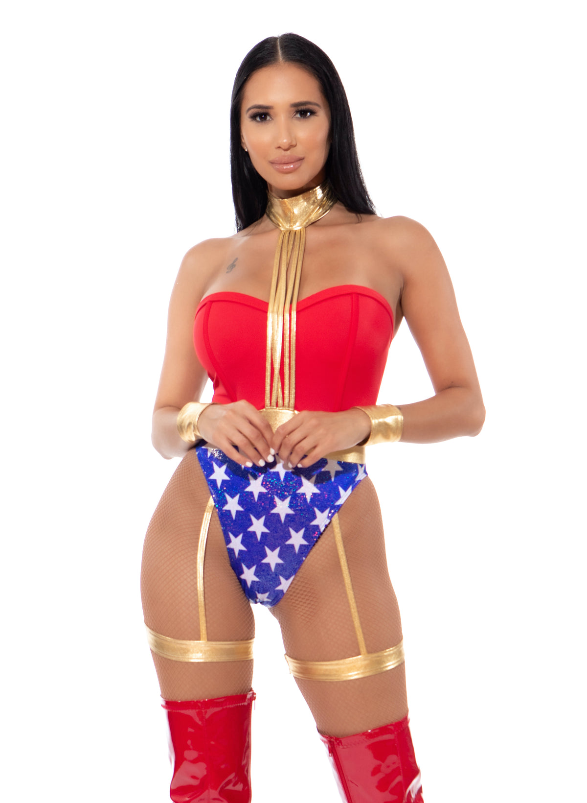 Woman modeling a Wonder Woman-themed costume bodysuit, gold belt, and wrist cuffs, posed with a hand on her hip.