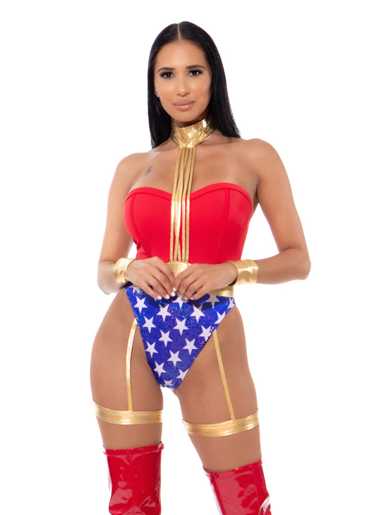 Woman modeling a Wonder Woman-themed costume bodysuit, gold belt, and wrist cuffs, posed with a hand on her hip.