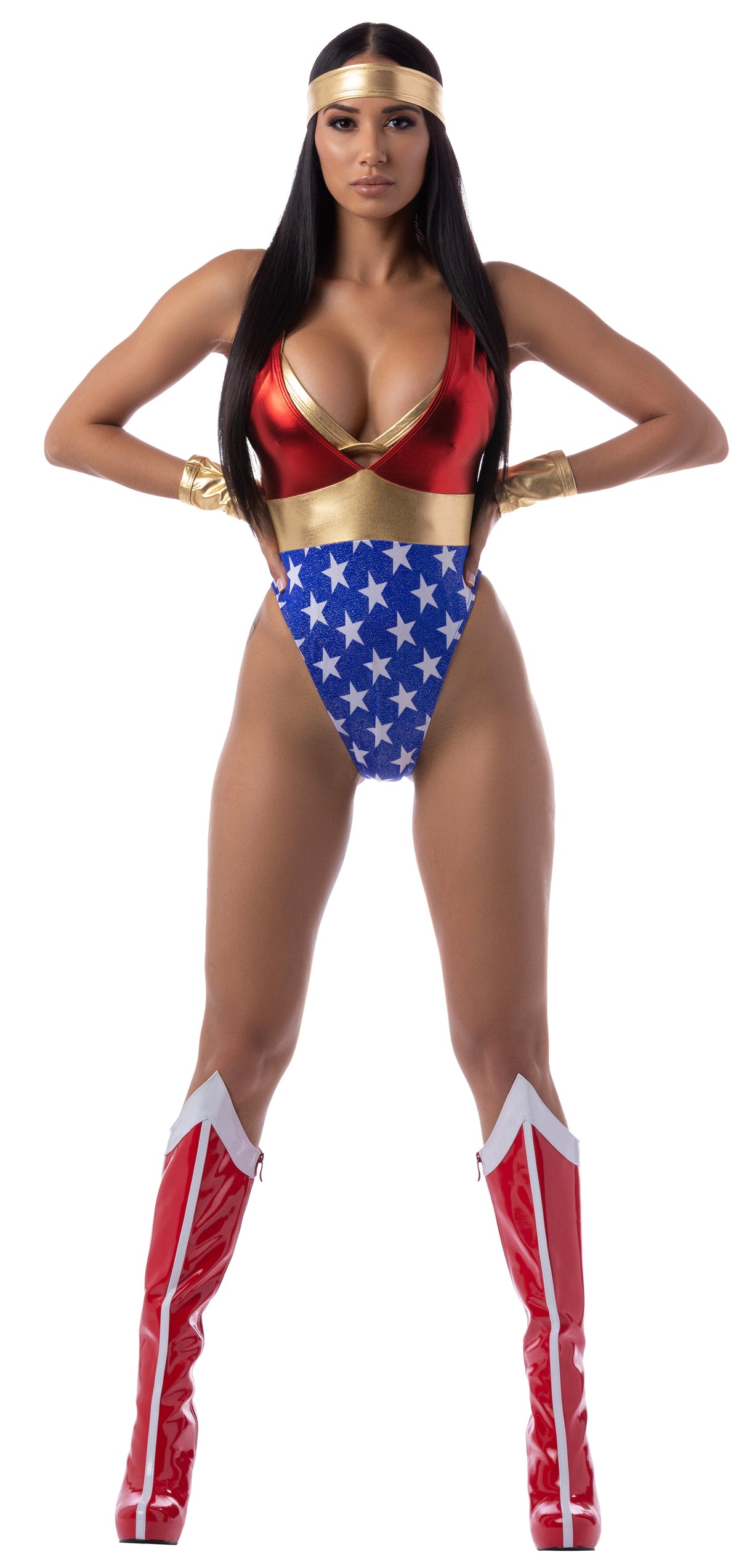 Woman modeling a red, gold, and blue star-patterned superhero-inspired costume with a gold headband, wrist cuffs, and red knee-high boots.
