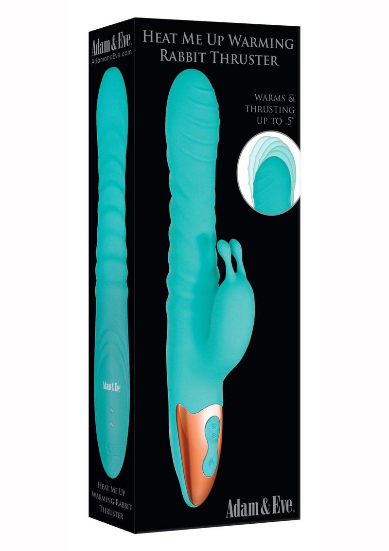 Adam and Eve Heat Me Up Warming Rabbit Thruster Rechargeable Silicone Vibrator - Aqua/Blue