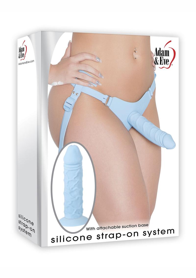 Adam and Eve Rechargeable Silicone Strap-On System Adjustable Harness with Realistic Dong - Blue - 7in