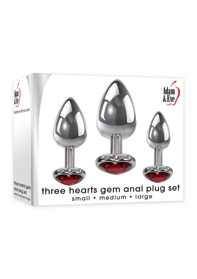 Adam and Eve Three Hearts Gem Anal Plug Kit - Metal/Red/Silver - 3 Piece Set