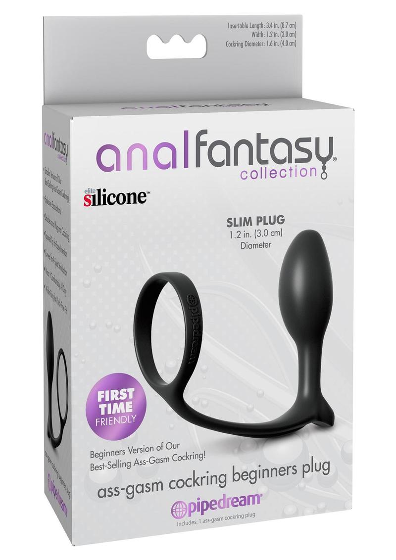 Anal Fantasy Collection Ass-Gasm Cock Ring Beginners Silicone Plug Slim - Black - 3.4in