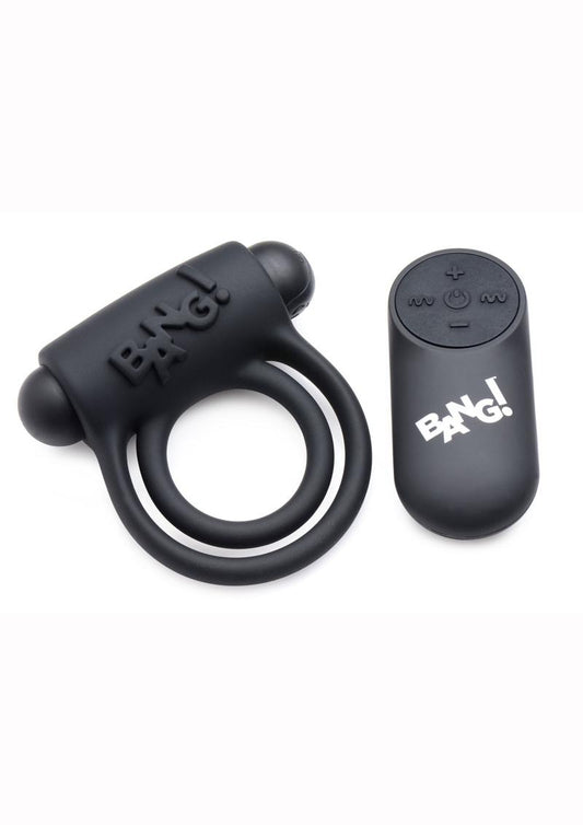 Bang! Silicone Rechargeable Cock Ring and Bullet with Remote Control - Black