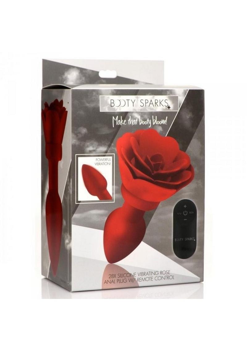 Booty Sparks 28x Rechargeable Silicone Vibrating Rose Anal Plug with Remote Control - Red - Large