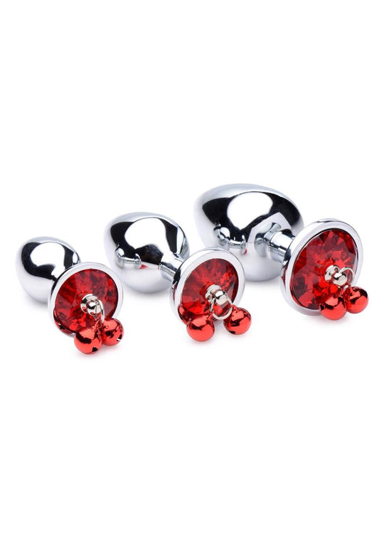 Booty Sparks Gemstones Red Jasper with Bells Anal Plug - Red/Silver - 3 Pieces/Set