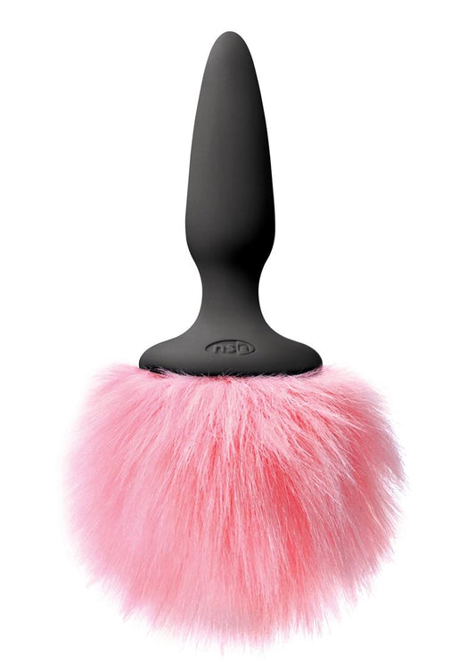 Bunny Tails Mini Silicone Butt Plug - Pink Fur - Black/Pink