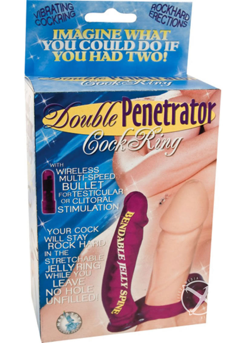 Double Penetrator Vibrating Cock Ring with Bendable Dildo - Purple