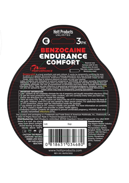 Endurance Comfort Condoms with Benzocaine - 3 Per Pack