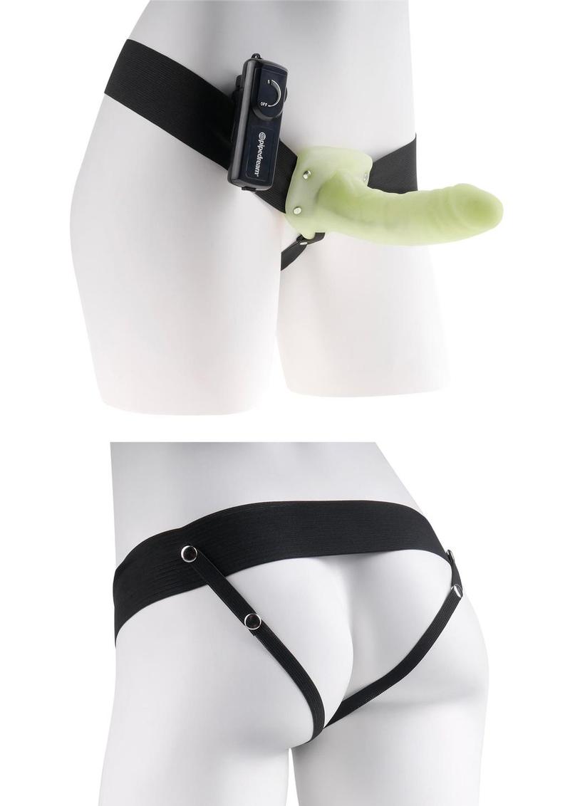 Fetish Fantasy Series For Him Or Her Vibrating Hollow Strap-On Dildo and Adjustable Harness with Remote Control - Glow In The Dark - 6in