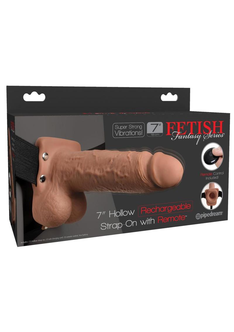 Fetish Fantasy Series Hollow Rechargeable Strap-On Dildo with Balls and Harness with Wireless Remote Control - Caramel - 7in