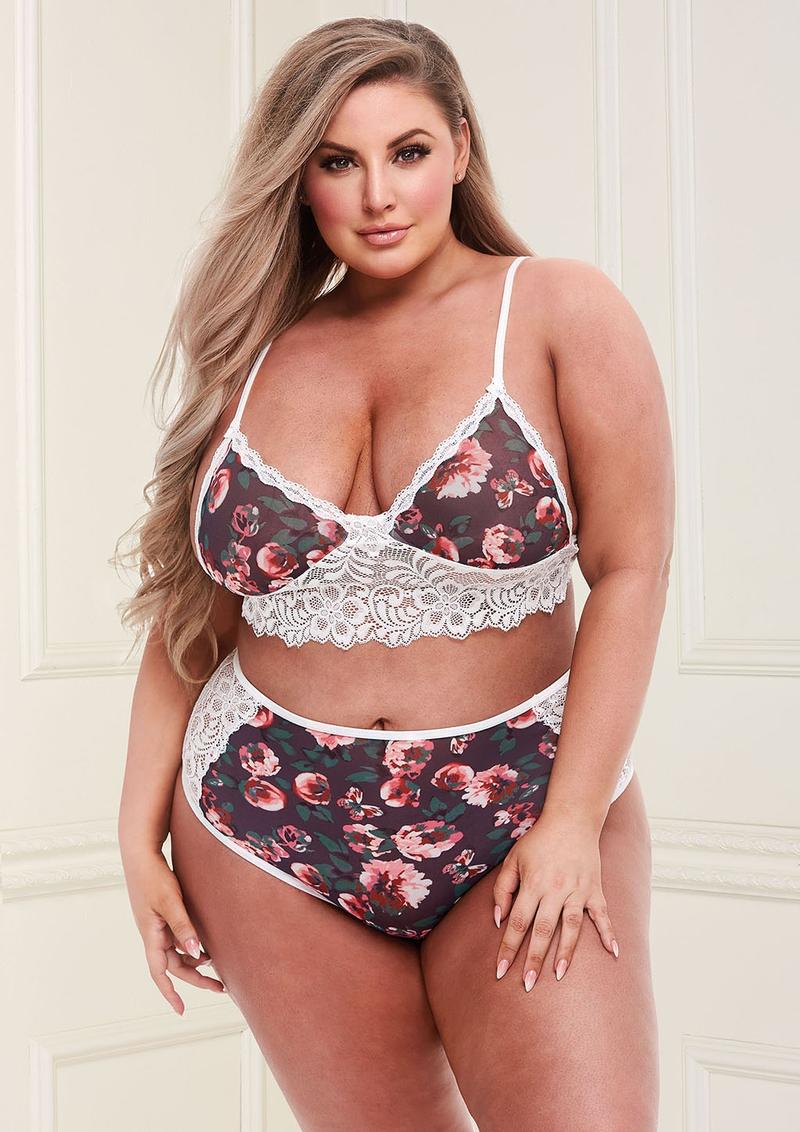Grey Floral and Lace Bra - Grey - Queen - Set