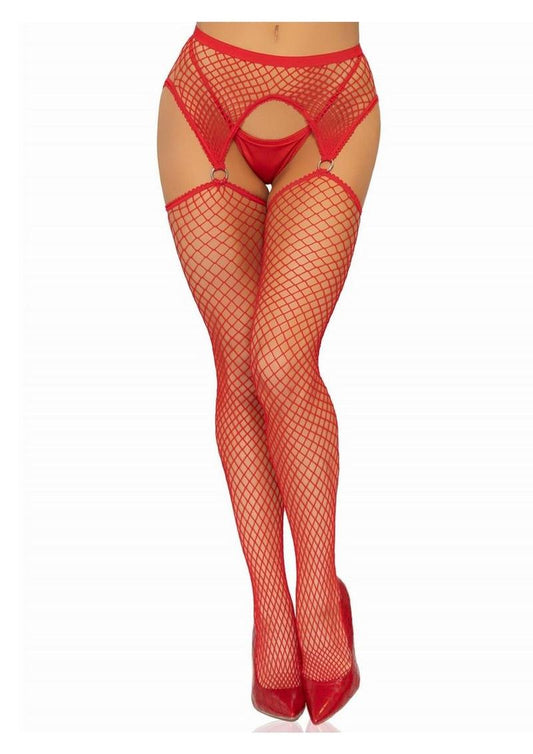 Industrial Net Stockings with O-Ring Attached Garter Belt - Red - One Size
