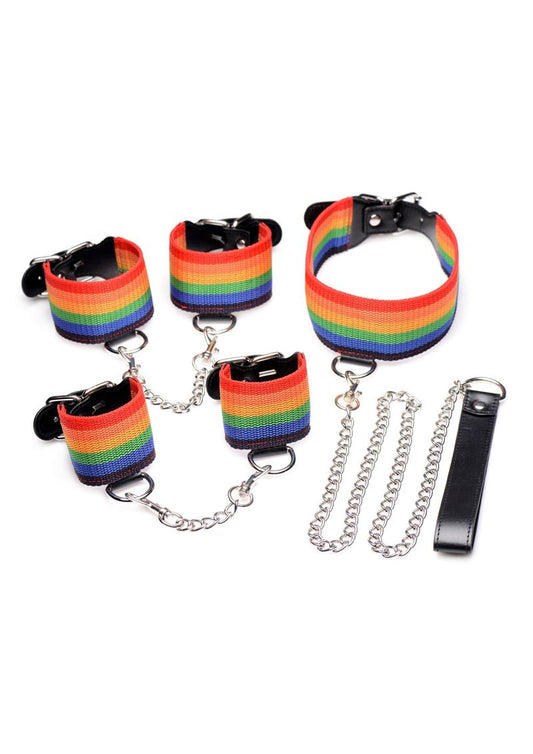 Kinky Pride Rainbow Bondage Set - Wrist/Ankle Cuffs and Collar with Leash