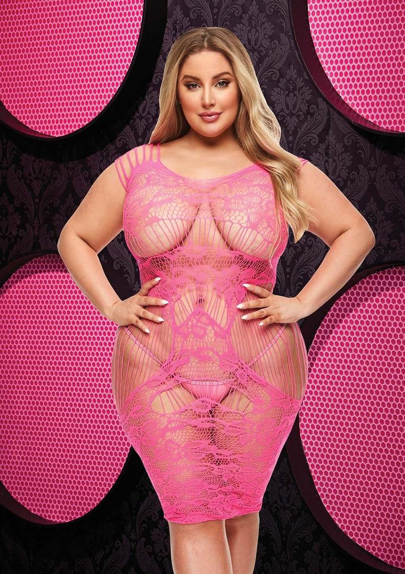 Lace Cut Out Mini Dress - Hot Pink/Pink - Queen