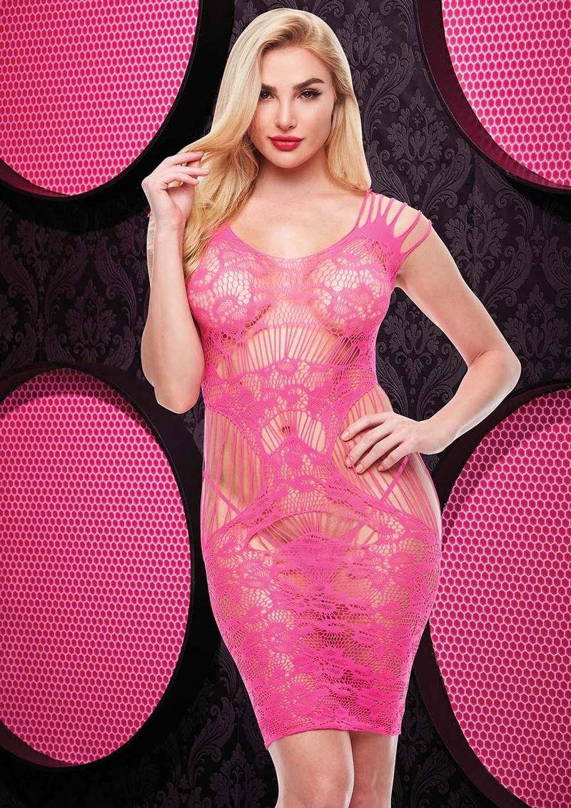 Lace Cut Out Mini Dress - Hot Pink/Pink - One Size