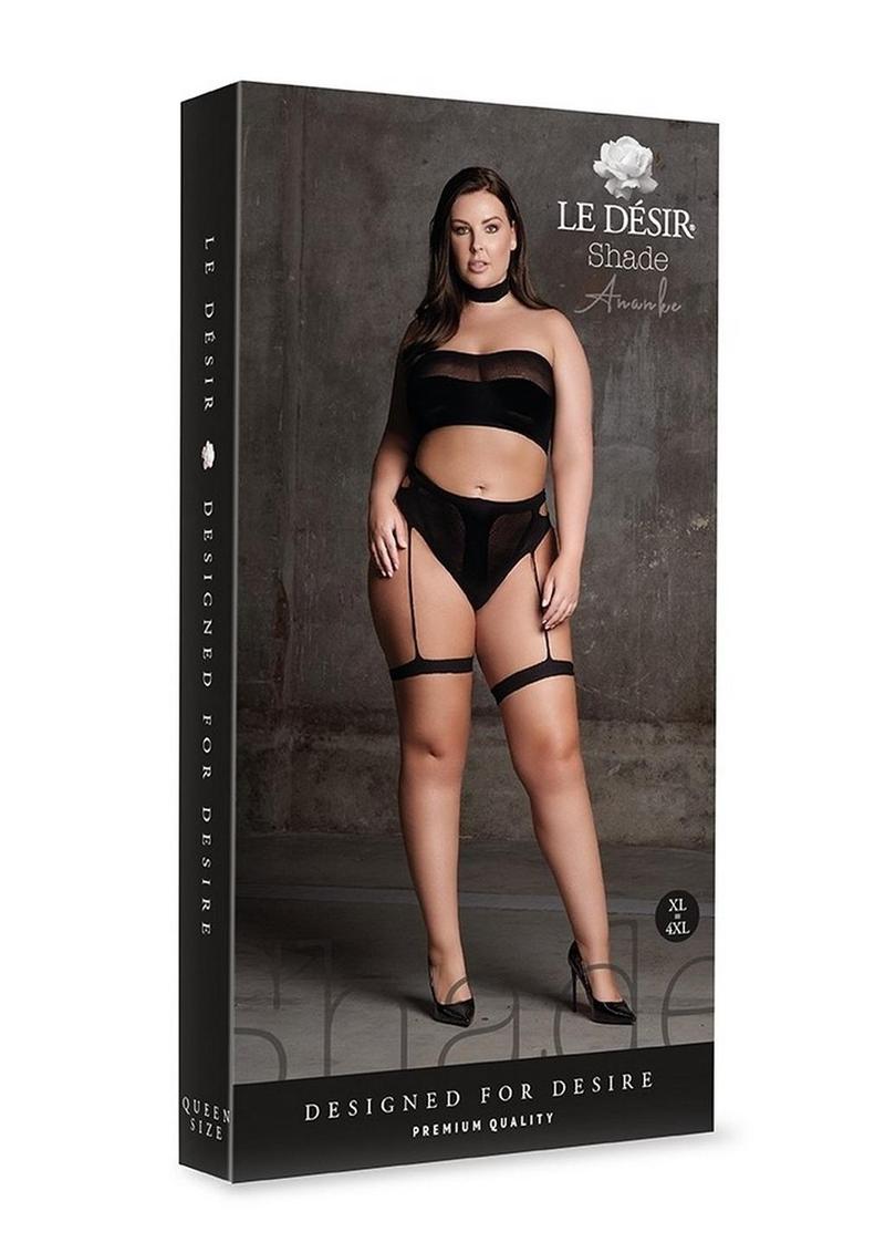 Le Desir Shade Ananke Xii Three Piece with Choker, Bandeau Top and Pantie with Garters - Black - Queen