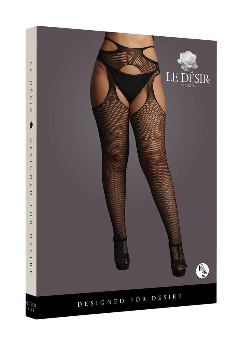 Le Desir Suspender Pantyhose with Strappy Waist - Black - Queen
