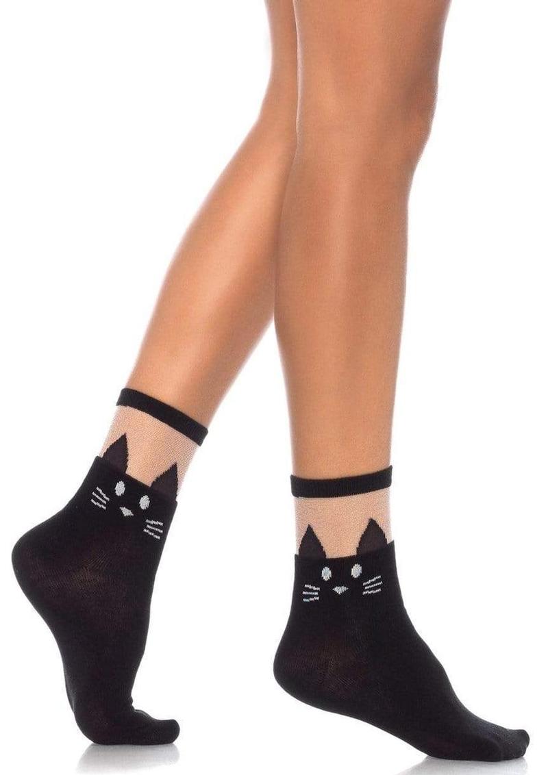 Leg Avenue Black Cat Opaque Anklet with Sheer Top - Black - One Size