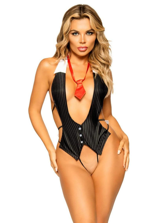 Leg Avenue Boss Babe Suit Vest Crotchless Teddy and Tie - Black - One Size - 2 Pieces