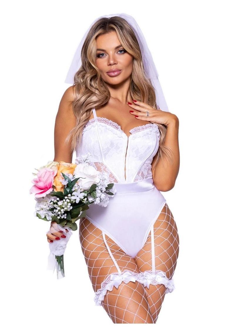 Leg Avenue Bridal Babe Lace Garter Bodysuit, Bow and Train Bustle, and Bridal Veil - White - Medium - 3 Piece