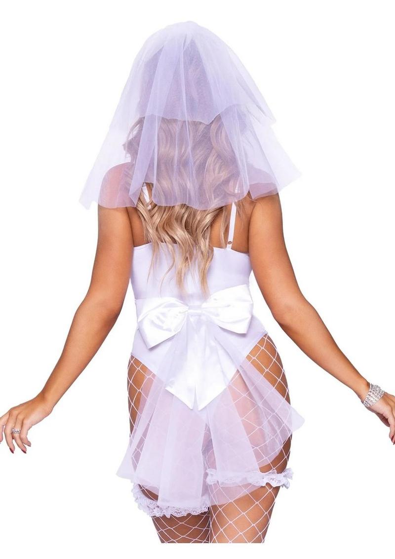 Leg Avenue Bridal Babe Lace Garter Bodysuit, Bow and Train Bustle, and Bridal Veil