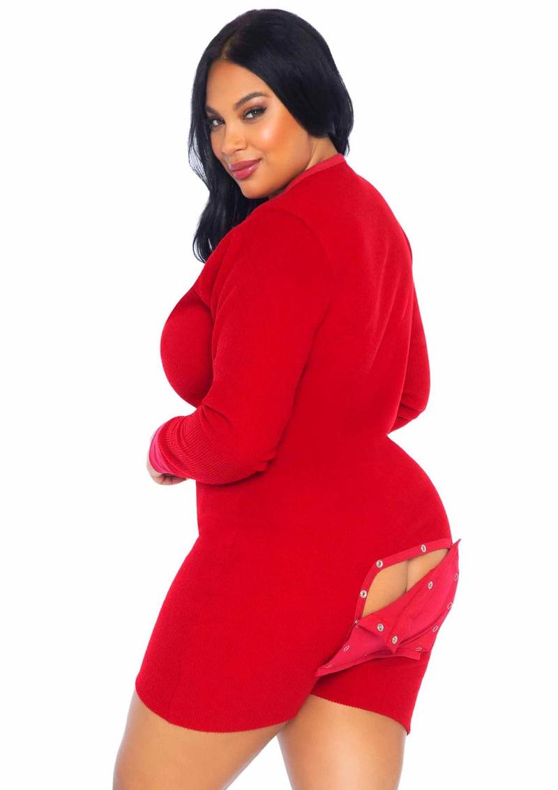 Leg Avenue Brushed Rib Romper Long Johns with Cheeky Snap Closure Back Flap - Red - Queen/XLarge/XXLarge