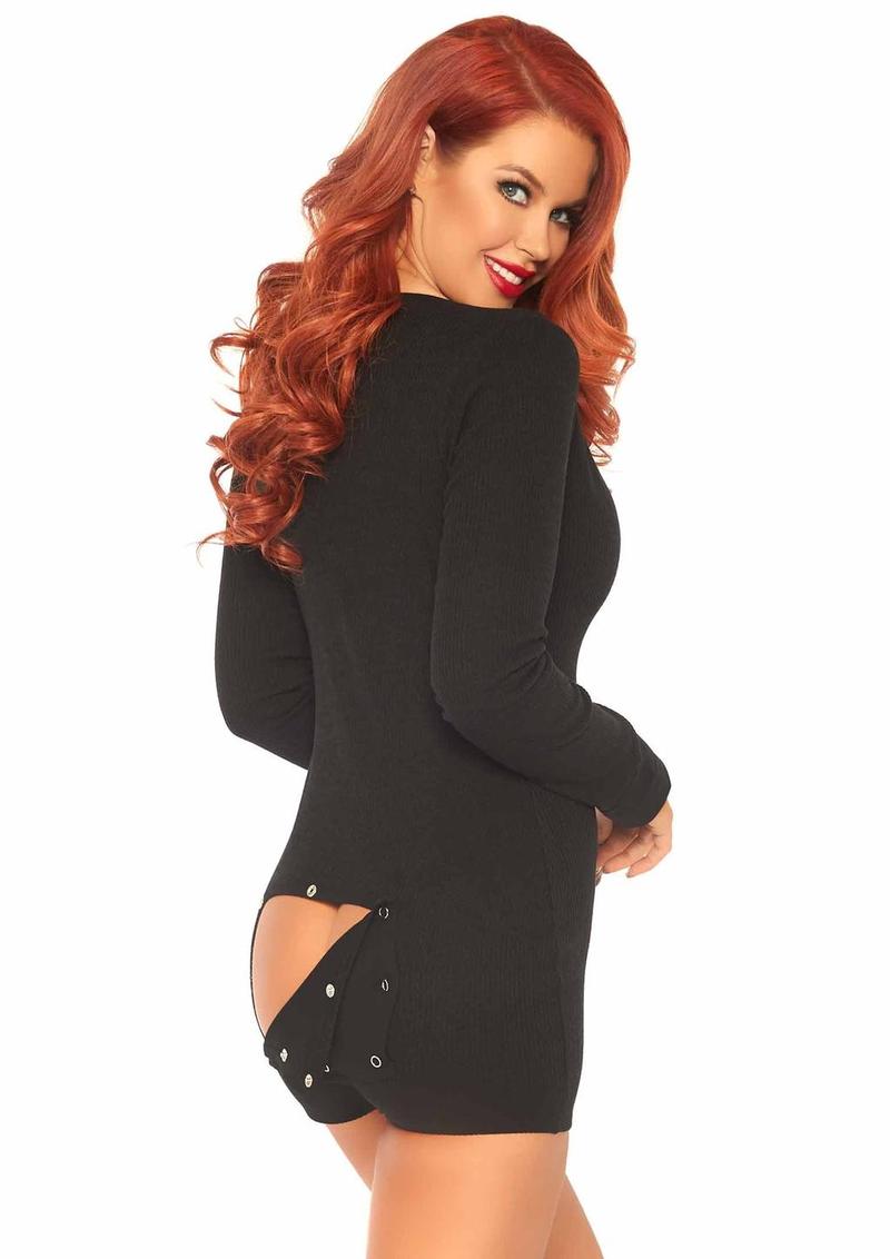 Leg Avenue Brushed Rib Romper Long Johns with Cheeky Snap Closure Back Flap - Black - Large/Medium