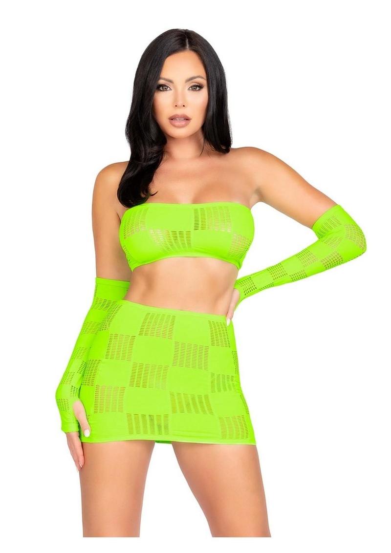 Leg Avenue Checkerboard Net and Opaque Bandeau Mini Skirt and Arm Warmers - Green/Neon Green - One Size