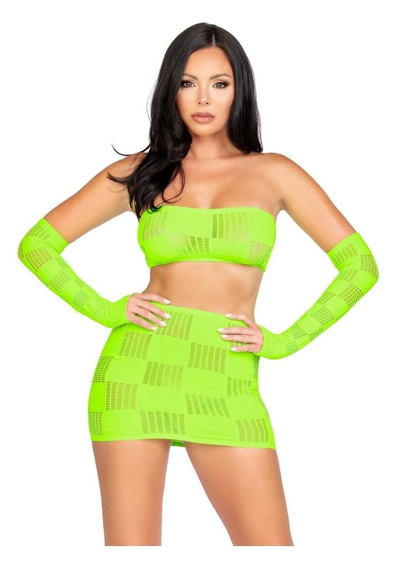 Leg Avenue Checkerboard Net and Opaque Bandeau Mini Skirt and Arm Warmers