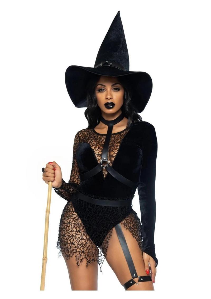 Leg Avenue Crafty Witch Snap Crotch Velvet Bodysuit with Distressed Net and Attached Garter, Choker Body Harness, and Matching Velvet Witch Hat - Black - Medium - 3 Piece