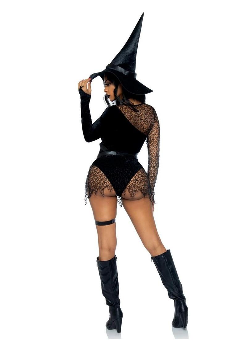 Leg Avenue Crafty Witch Snap Crotch Velvet Bodysuit with Distressed Net and Attached Garter, Choker Body Harness, and Matching Velvet Witch Hat