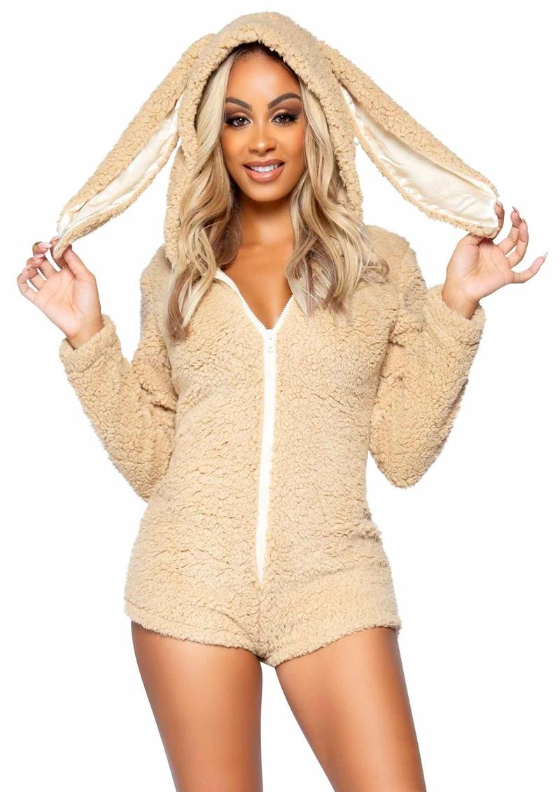 Leg Avenue Cuddle Bunny Ultra Soft Zip Up Teddy with Bunny Ear Hood and Cute Bunny Tail - Beige - Large