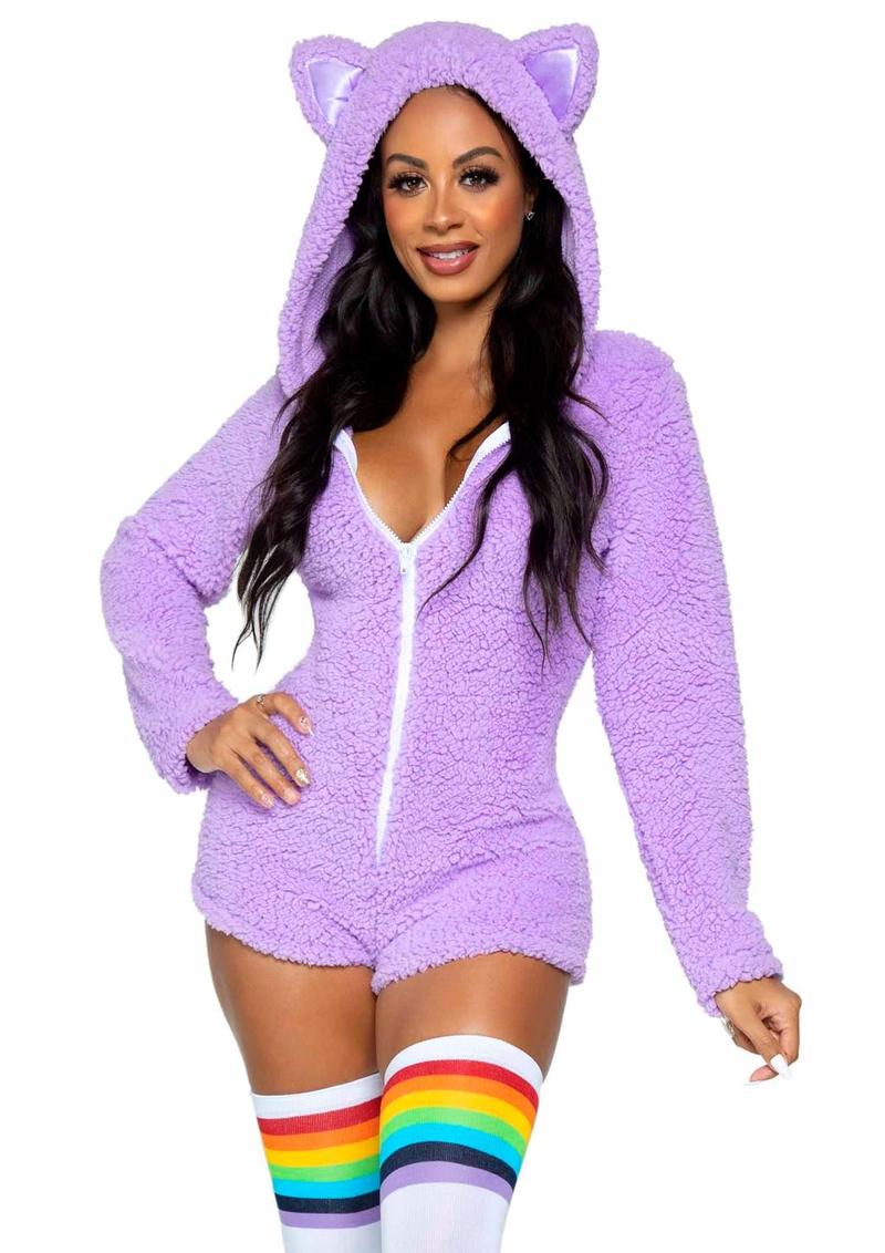 Leg Avenue Cuddle Kitty Ultra Soft Zip Up Romper with Cat Ear Hood and Tail - Lavender/Purple - Large