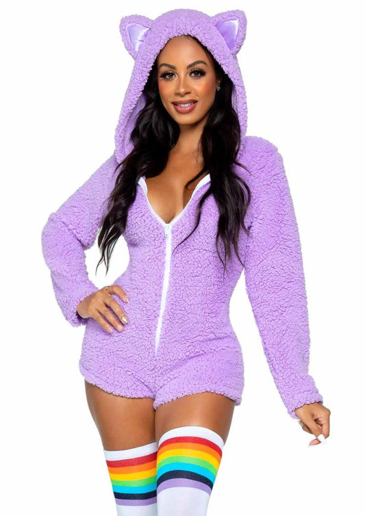 Leg Avenue Cuddle Kitty Ultra Soft Zip Up Romper with Cat Ear Hood and Tail - Lavender/Purple - Small
