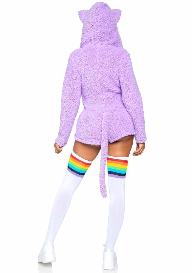 Leg Avenue Cuddle Kitty Ultra Soft Zip Up Romper with Cat Ear Hood and Tail - Lavender/Purple - Small