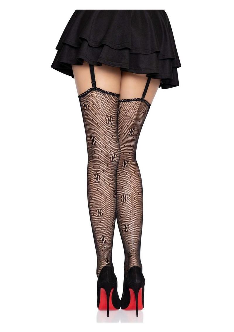 Leg Avenue Daisy Dot Fishnet Stockings with Scalloped Top - Black - One Size
