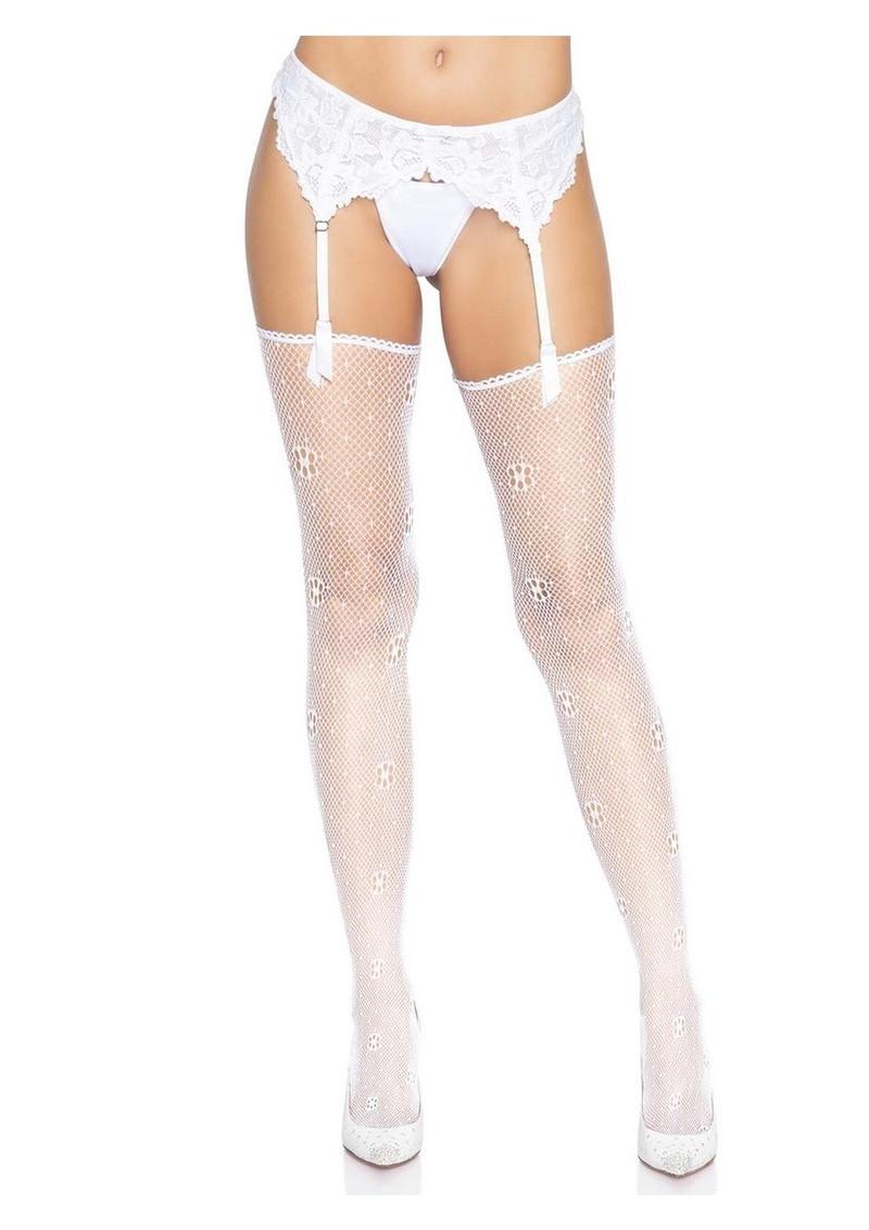 Leg Avenue Daisy Dot Fishnet Stockings with Scalloped Top - White - One Size